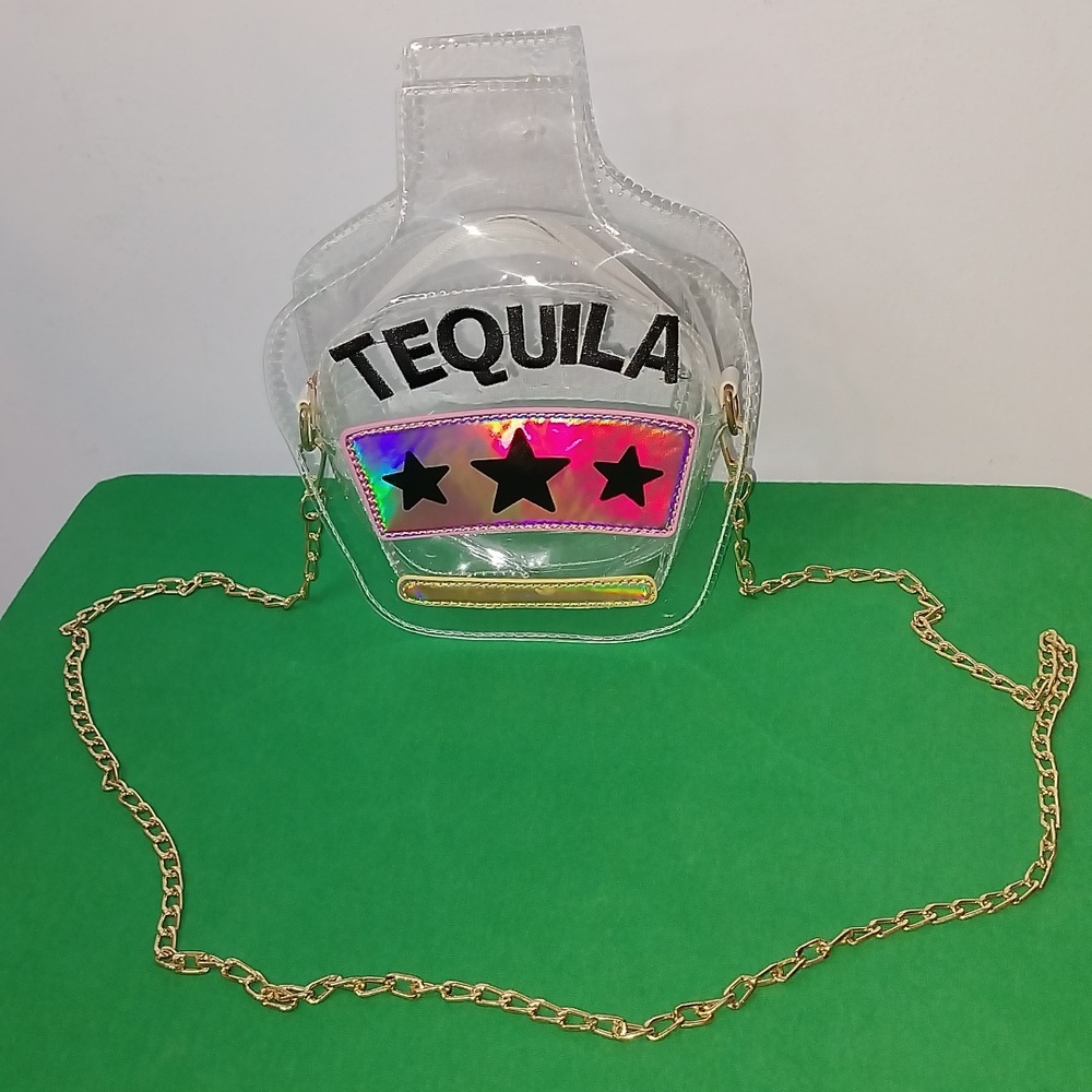 Clear Tequila Bottle-Shaped Bag With Gold Chain Strap